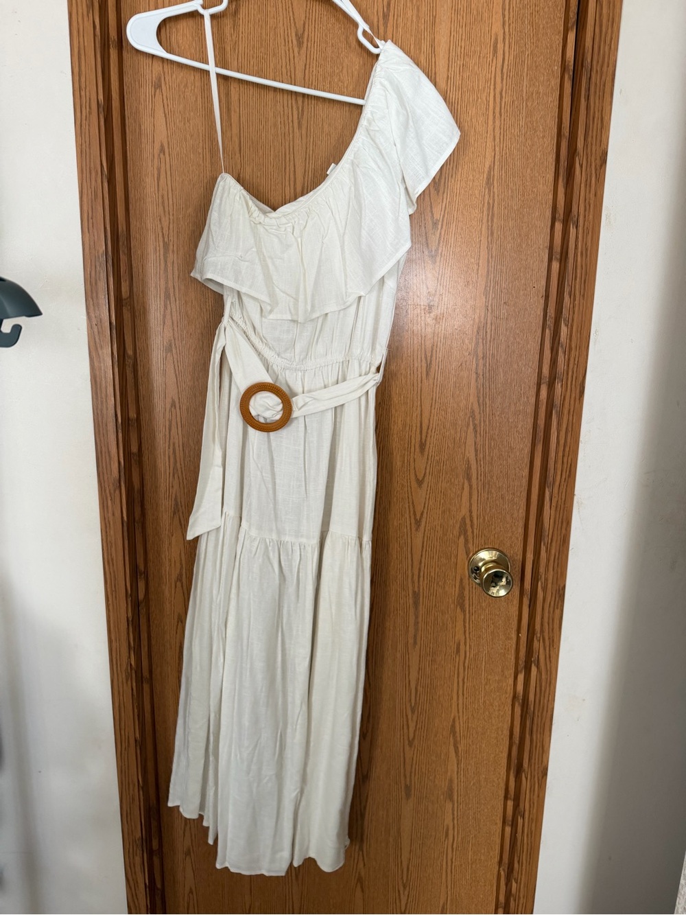 She + Sky One Shoulder White Midi Dress with Belt Size Small NWOT